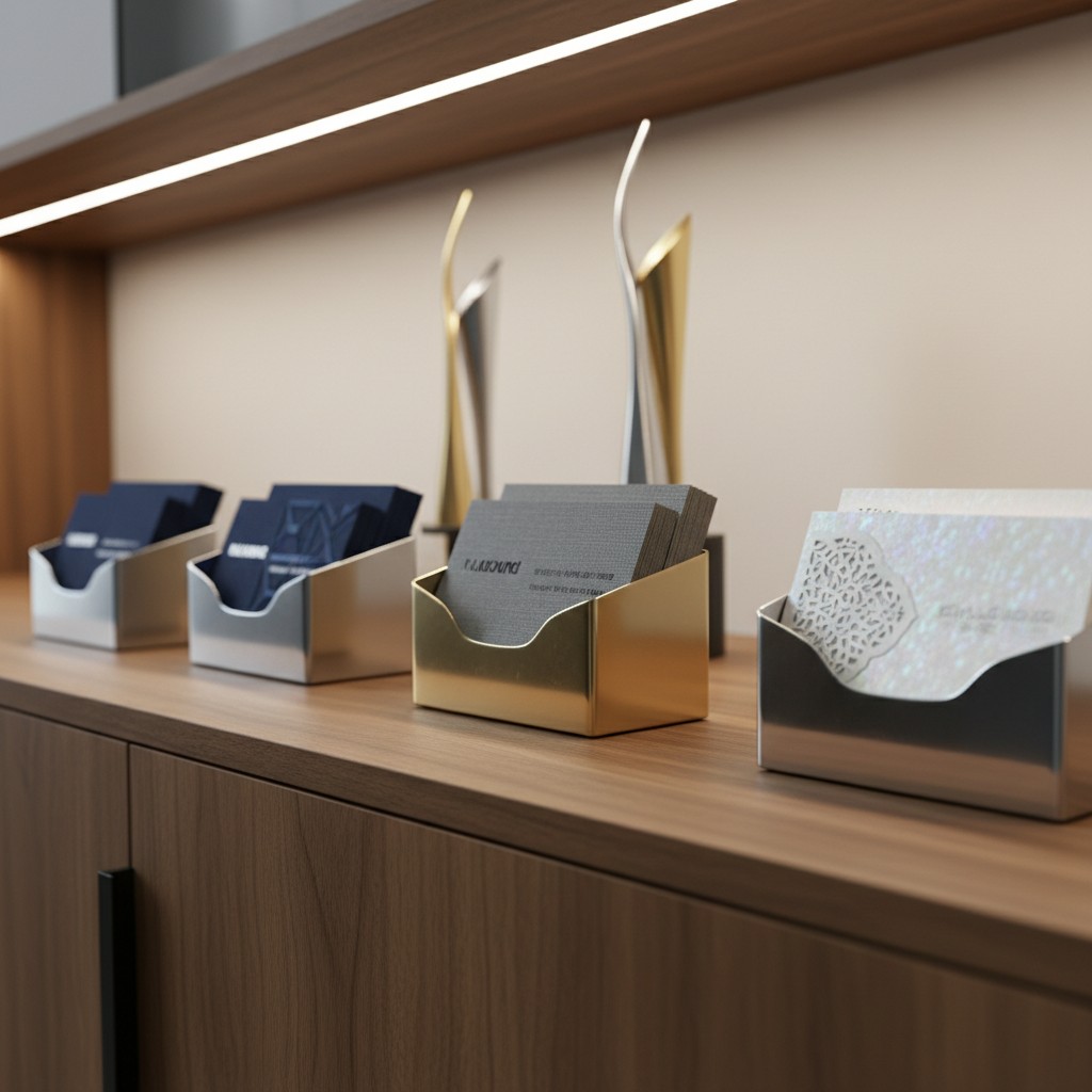 A photo of three display cases sit on a wooden countertop containing business cards on top of a beige wall with decorative...