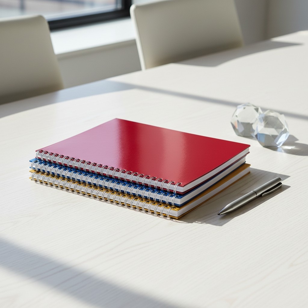 A stack of three spiral notebooks, with a red one on top, lays on a white desk, accompanied by a silver pen and a faceted ...