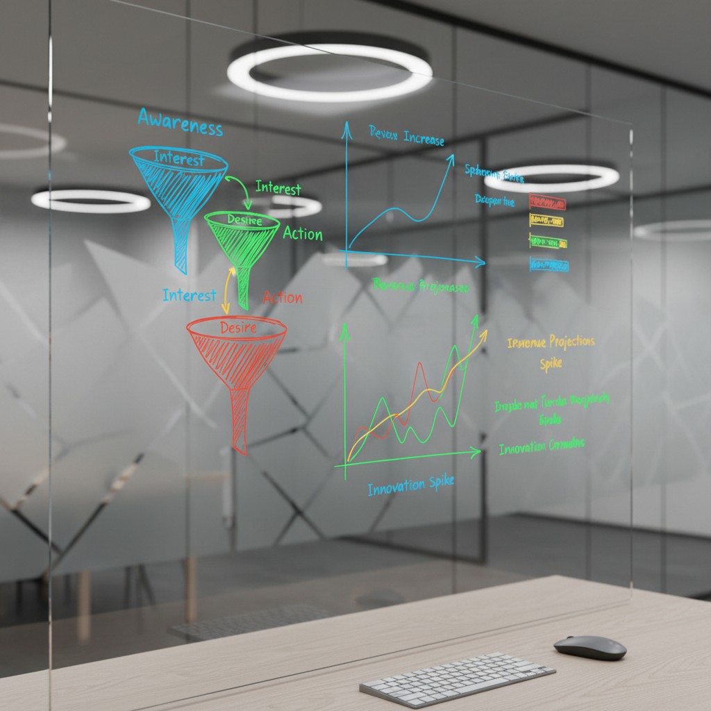 Glass wall in modern office space with blue, red, and green marketing funnel diagrams.